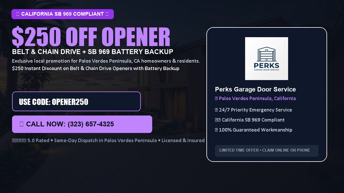 $250 OFF Smart Garage Door Opener Installation (Belt & Chain Drive with California SB 969 Battery Backup) in Palos Verdes Peninsula, CA